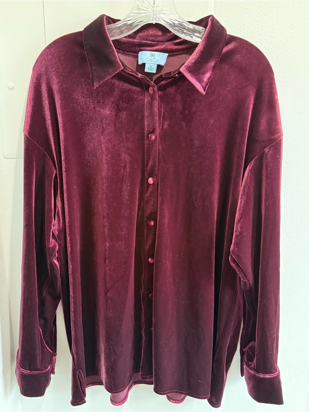 CeCe Velvet Button-Down Shirt in Burgundy wine red